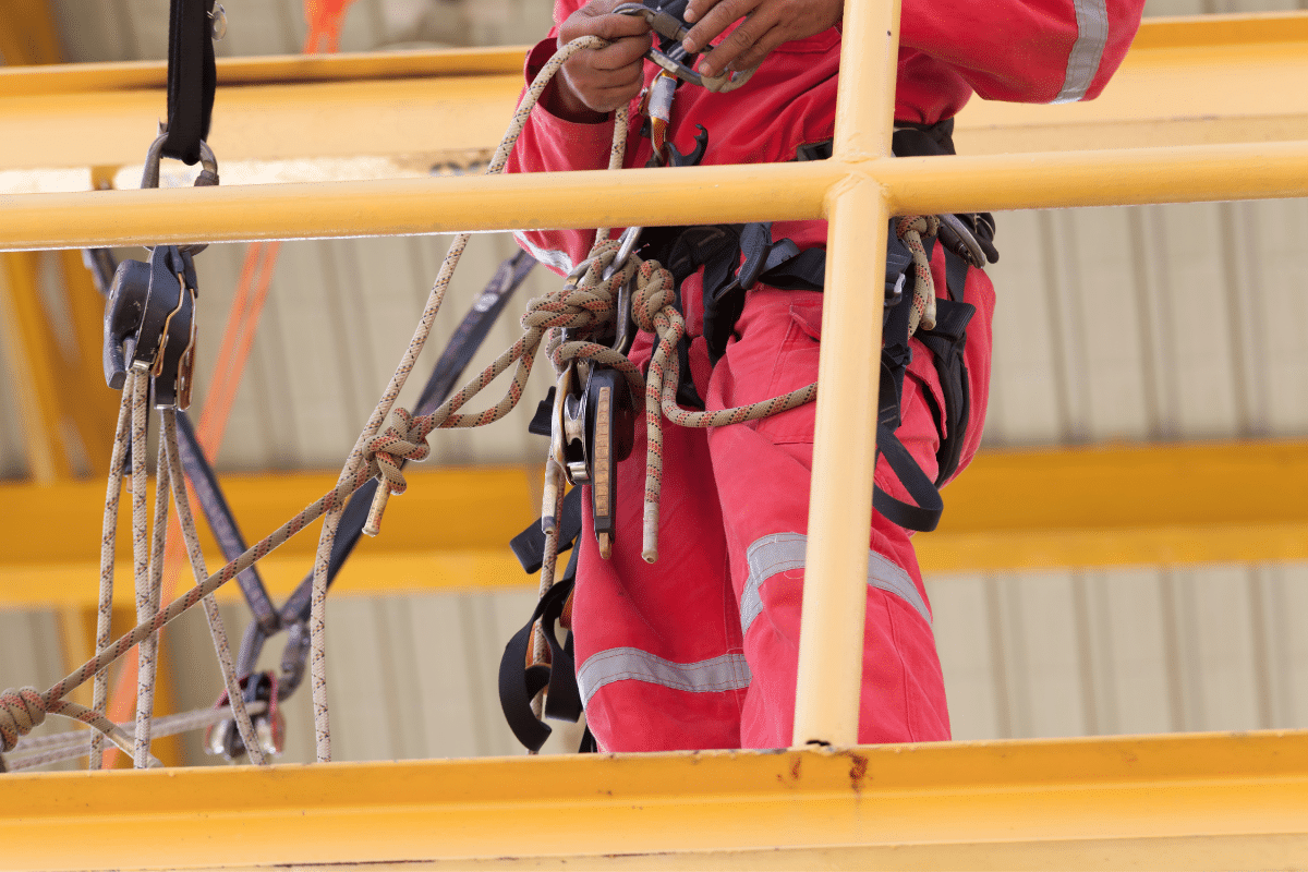 Close up of hooks and buckles of a Severn Access rope access technician's belt