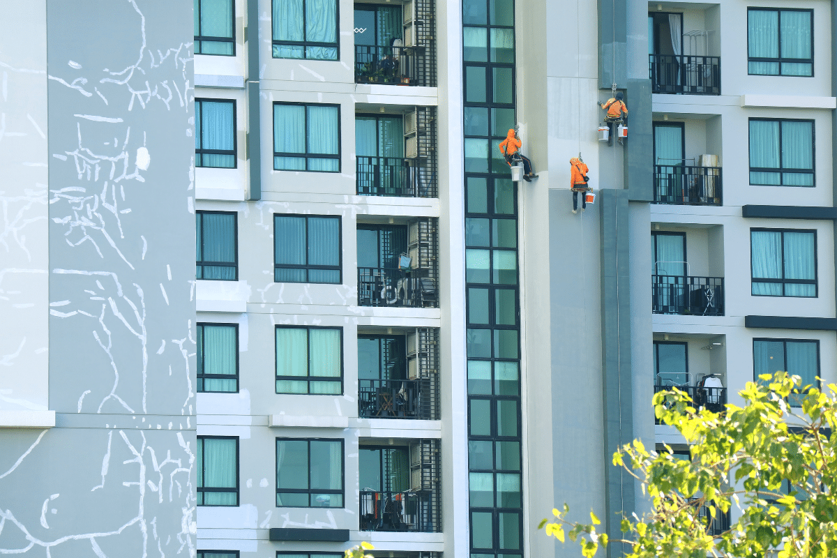 Three Severn Access rope access technicians providing high-level window cleaning on a high-rise building