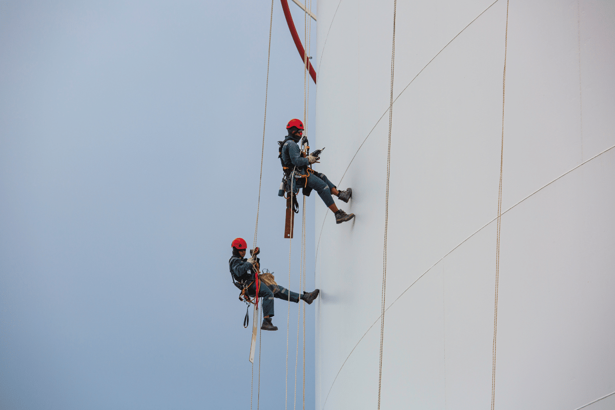 Two Severn Access rope technicians working at height