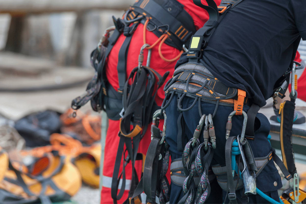 Rope and buckles on the belt of a Severn Access working at height technician