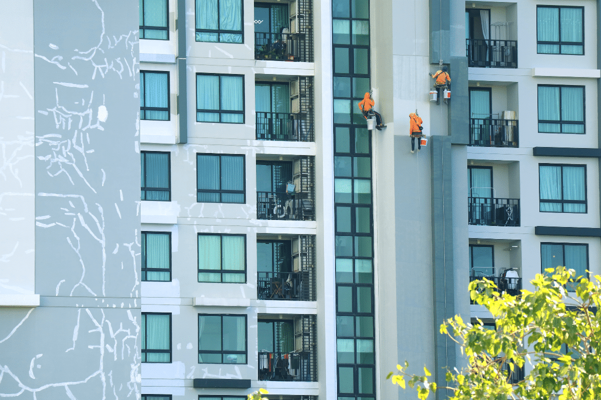 Three Severn Access rope access technicians working at height to provide window glazing