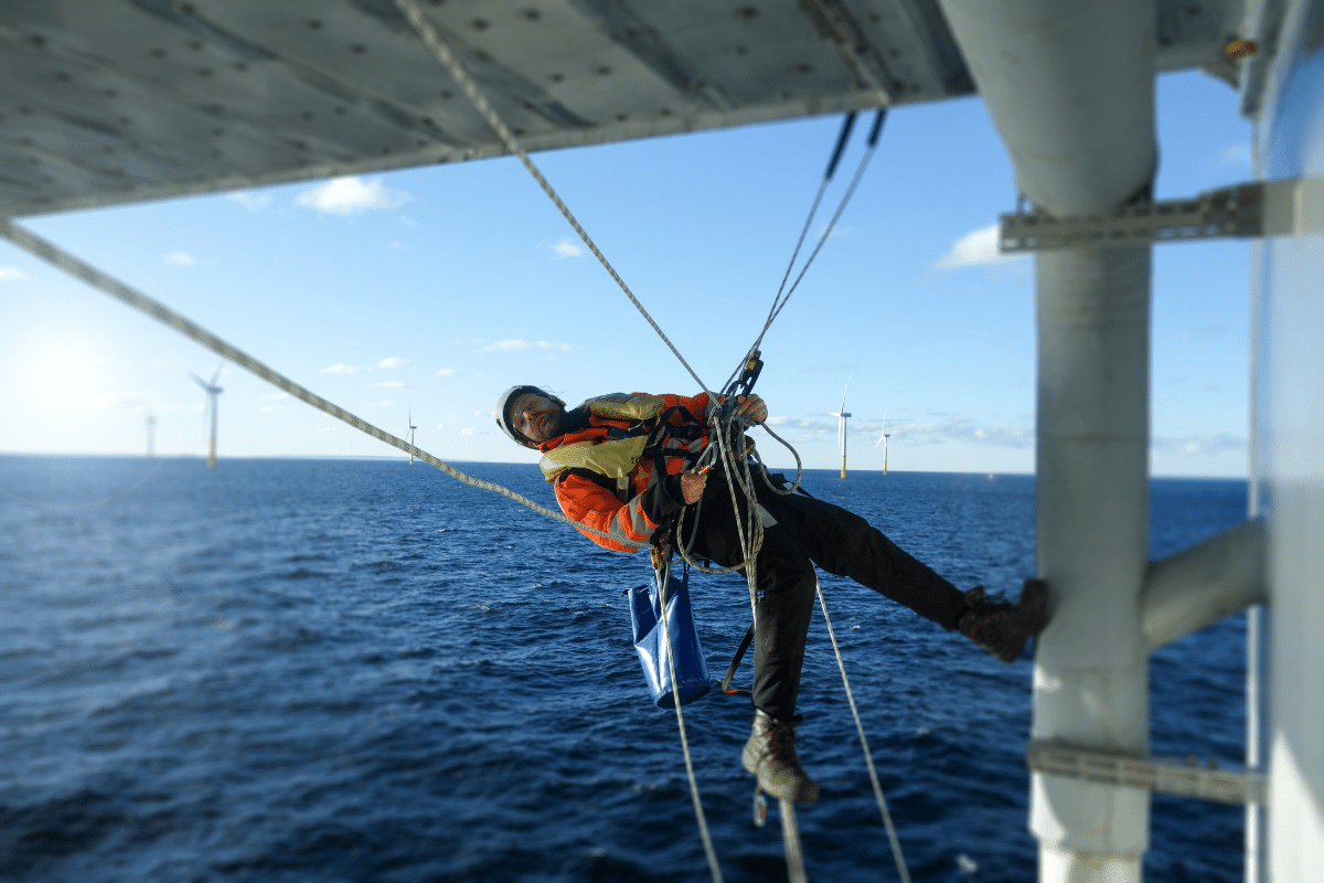 A Severn Access rope access technician completing structural surveys on an offshore wind farm