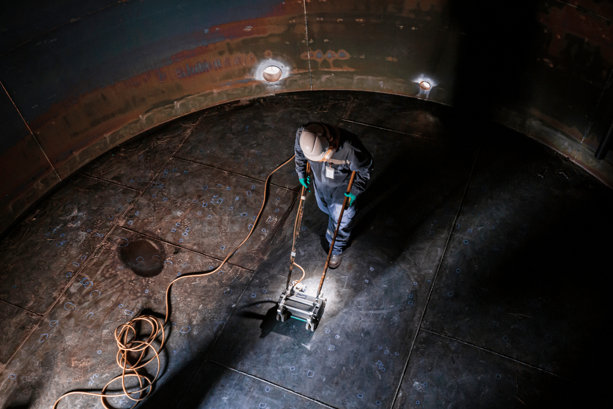 A Severn Access confined space specialist performing silo cleaning inside a silo