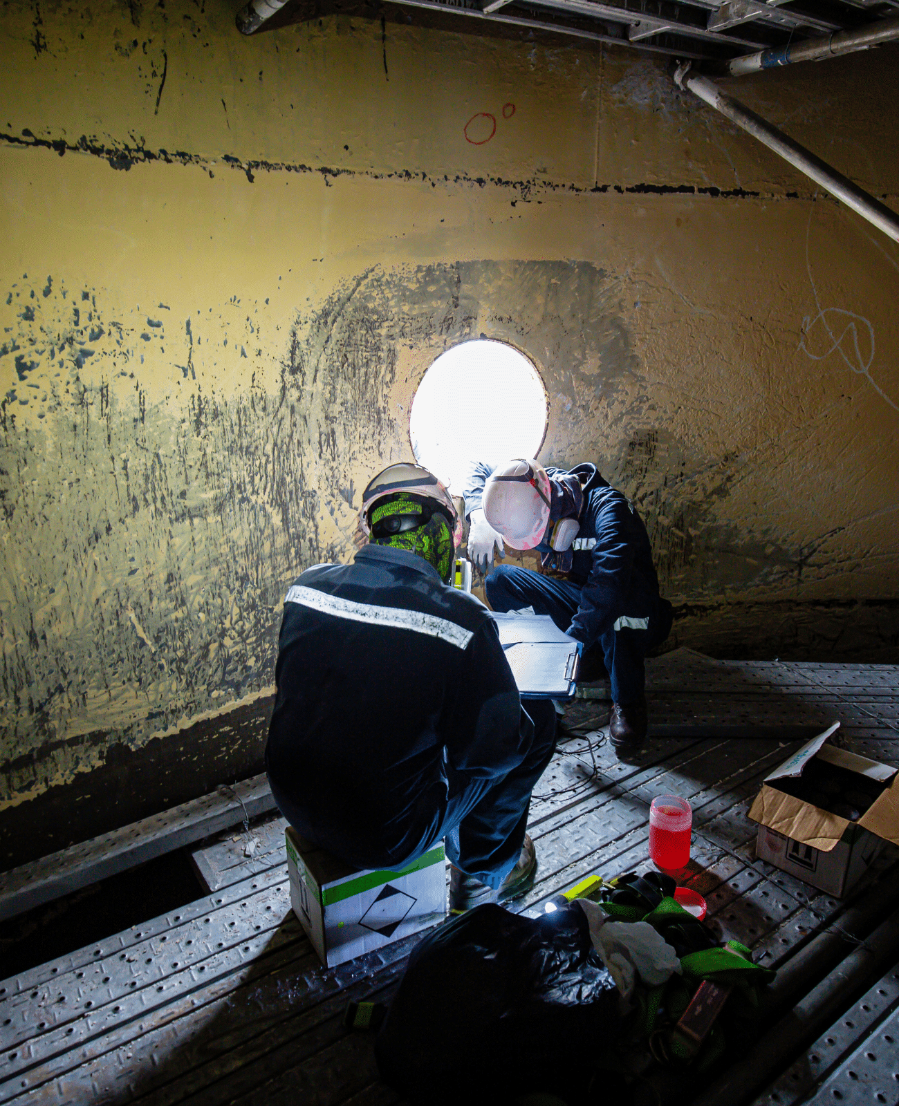 Two Severn Access confined space technicians performing confined space work in a silo