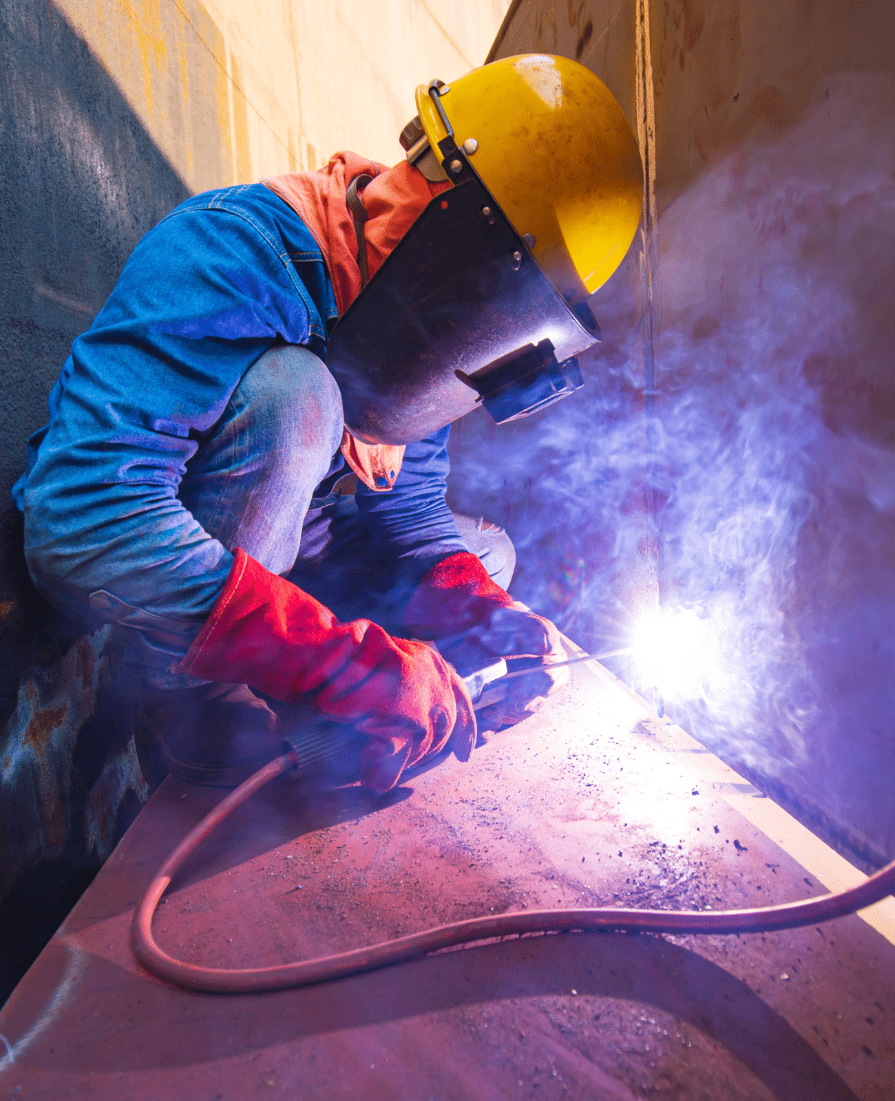 A Severn Access confined space specialist carrying out welding in a confined space