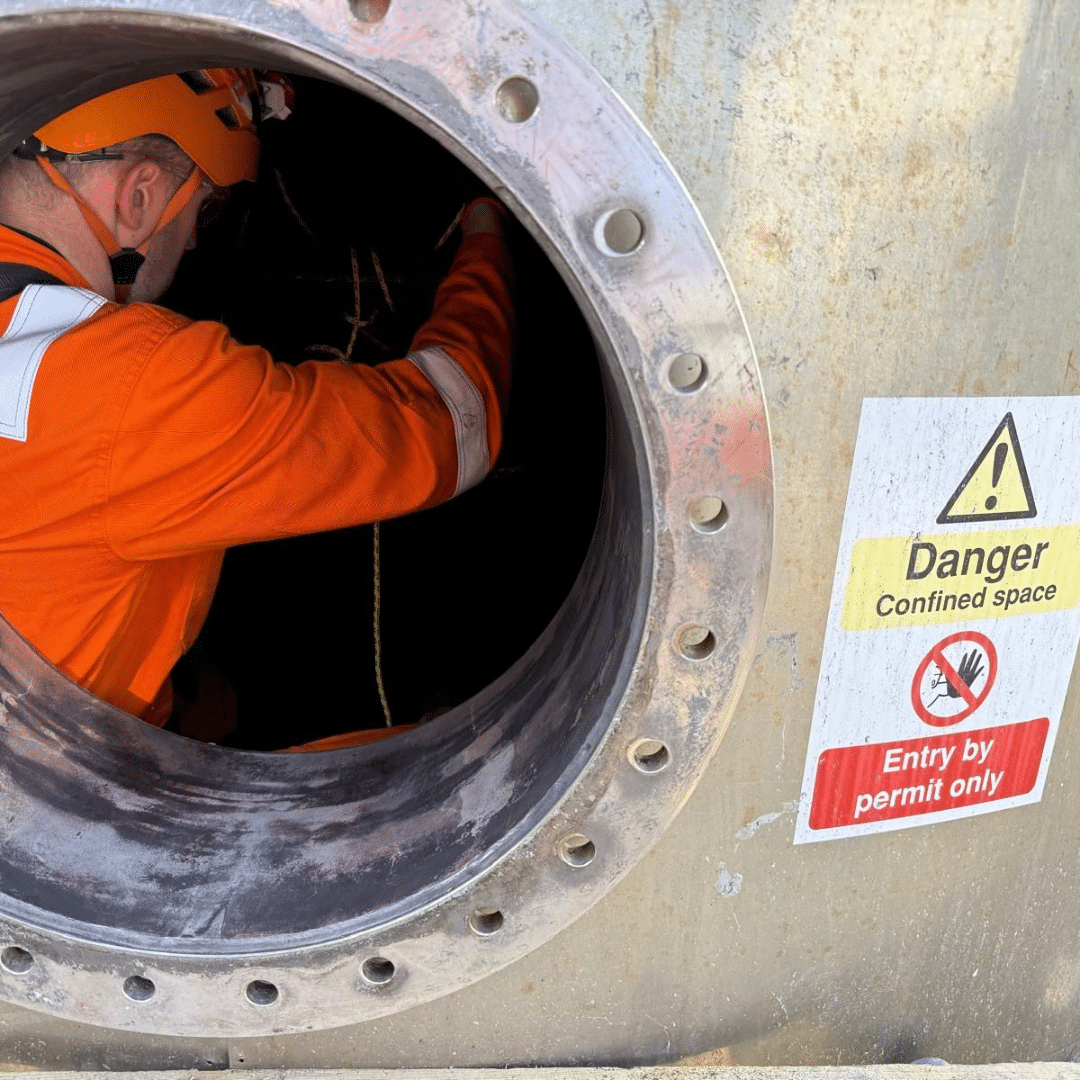 A Severn Access confined space rescue team contractor carrying out a risk assessment