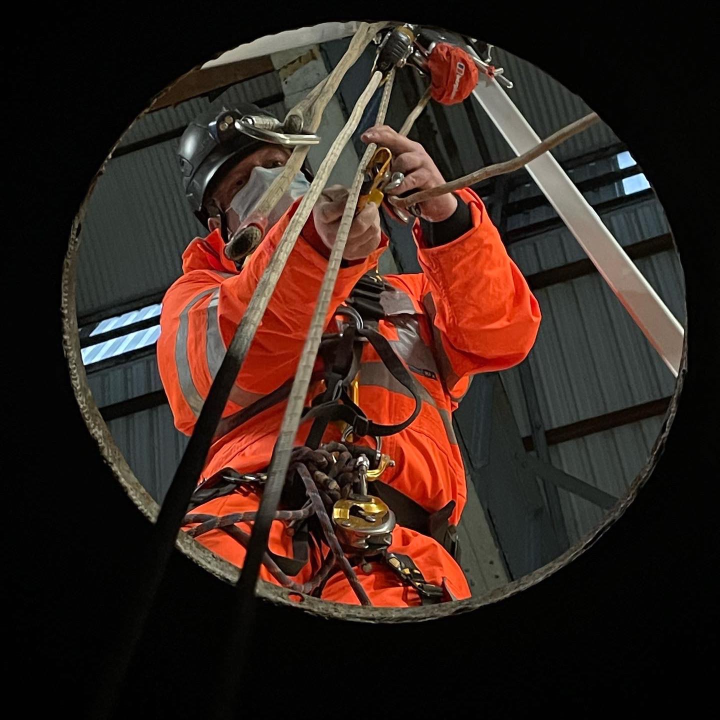confined-space-top-man A Severn Access confined space rescue team member preparing to descend into a confined space